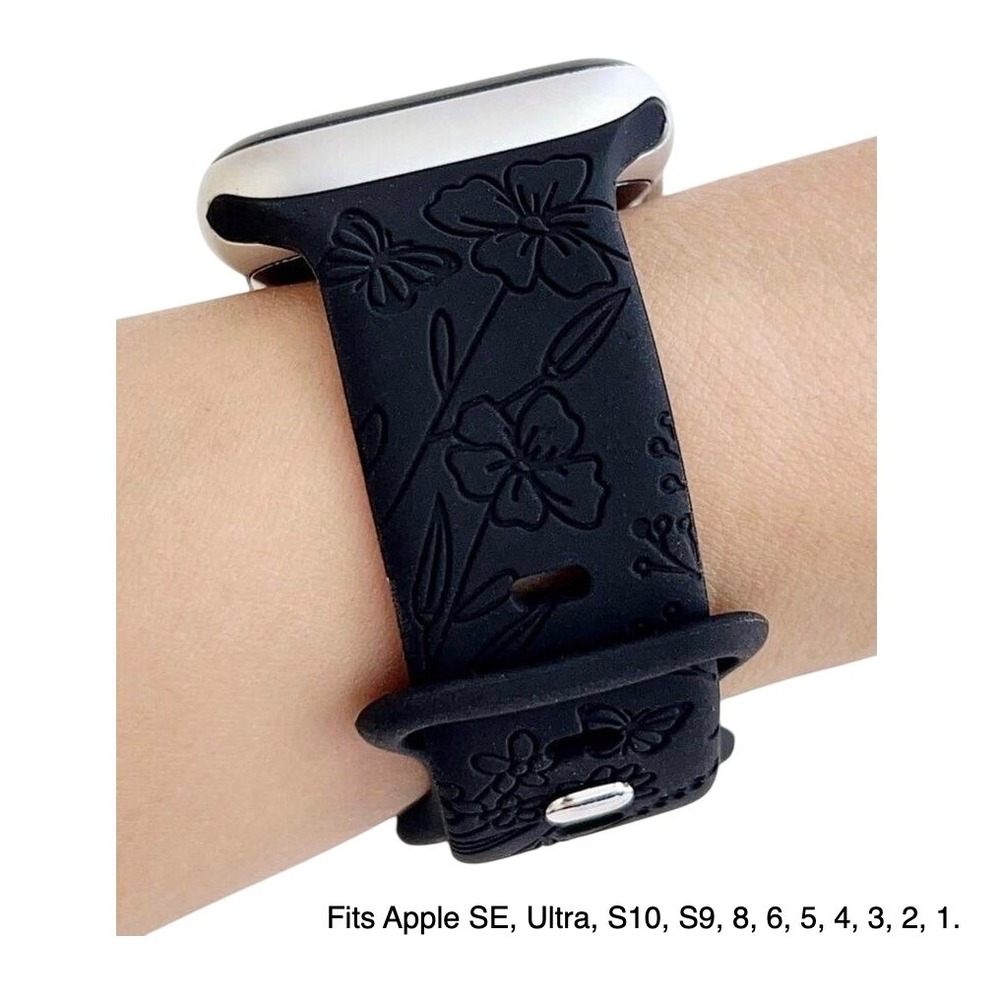 For Apple iWatch Compatible Black Etched Floral Silicone Watch Band 42/44/45mm